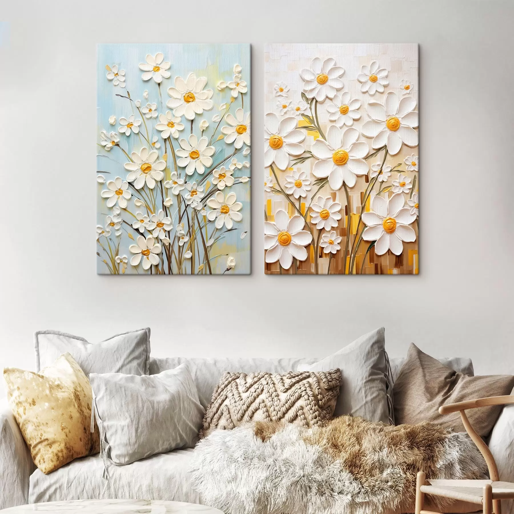 wall murals Sunny flowers: art duet with volumetric daisies and yellow accents m00580