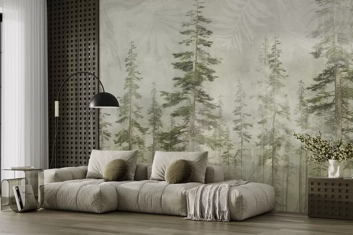 wall murals Pine forest with vintage paper texture and fine patterns w04342