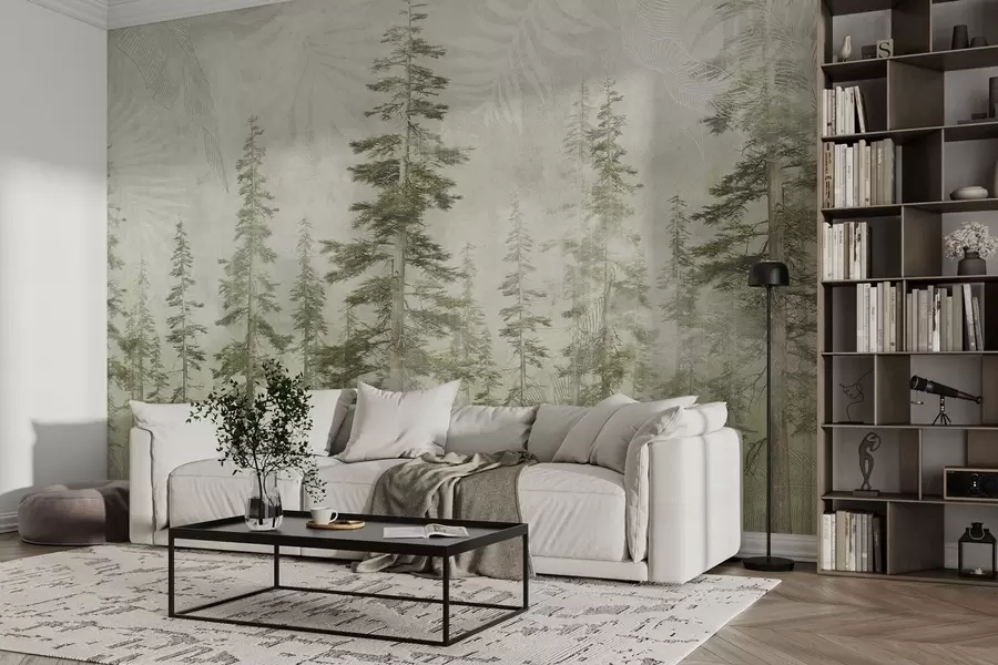 murales Bosque de pinos con textura de papel vintage y finos motivos w04342