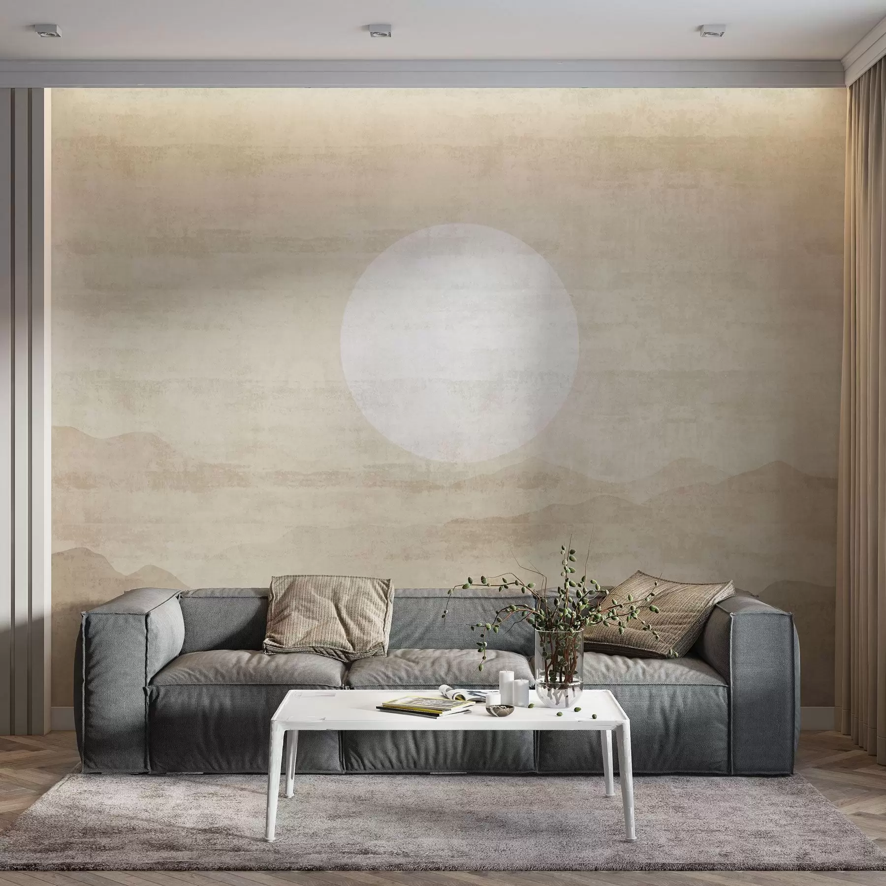 Wall Mural Photo Wallpaper Minimalist mountain landscape with large white sun w04345