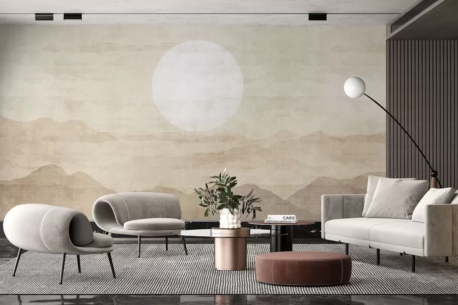 Wall Mural Photo Wallpaper Minimalist mountain landscape with large white sun w04345