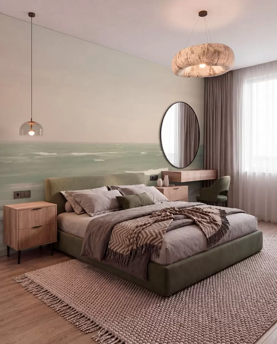 peintures murales Paysage marin rose-vert avec de douces vagues w04348