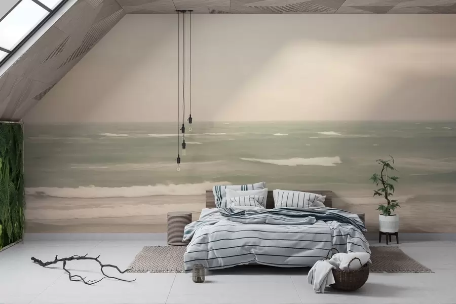 Wall Mural Photo Wallpaper Soft pink-green seascape with gentle waves w04348