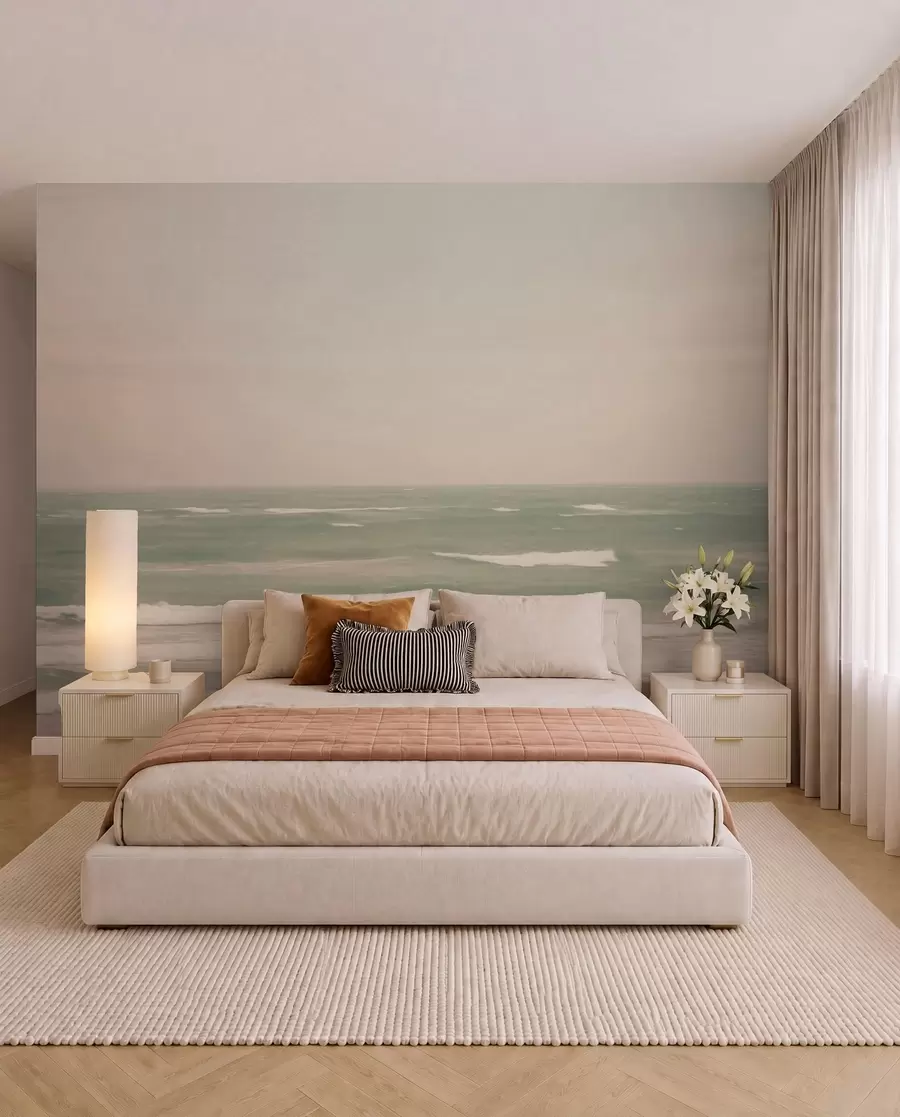 Wall Mural Photo Wallpaper Soft pink-green seascape with gentle waves w04348