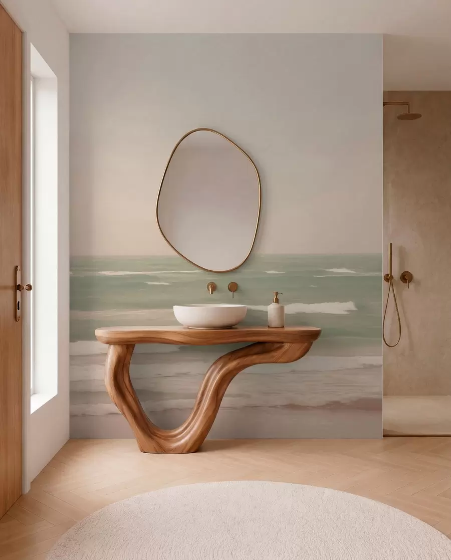 wall murals Soft pink-green seascape with gentle waves w04348