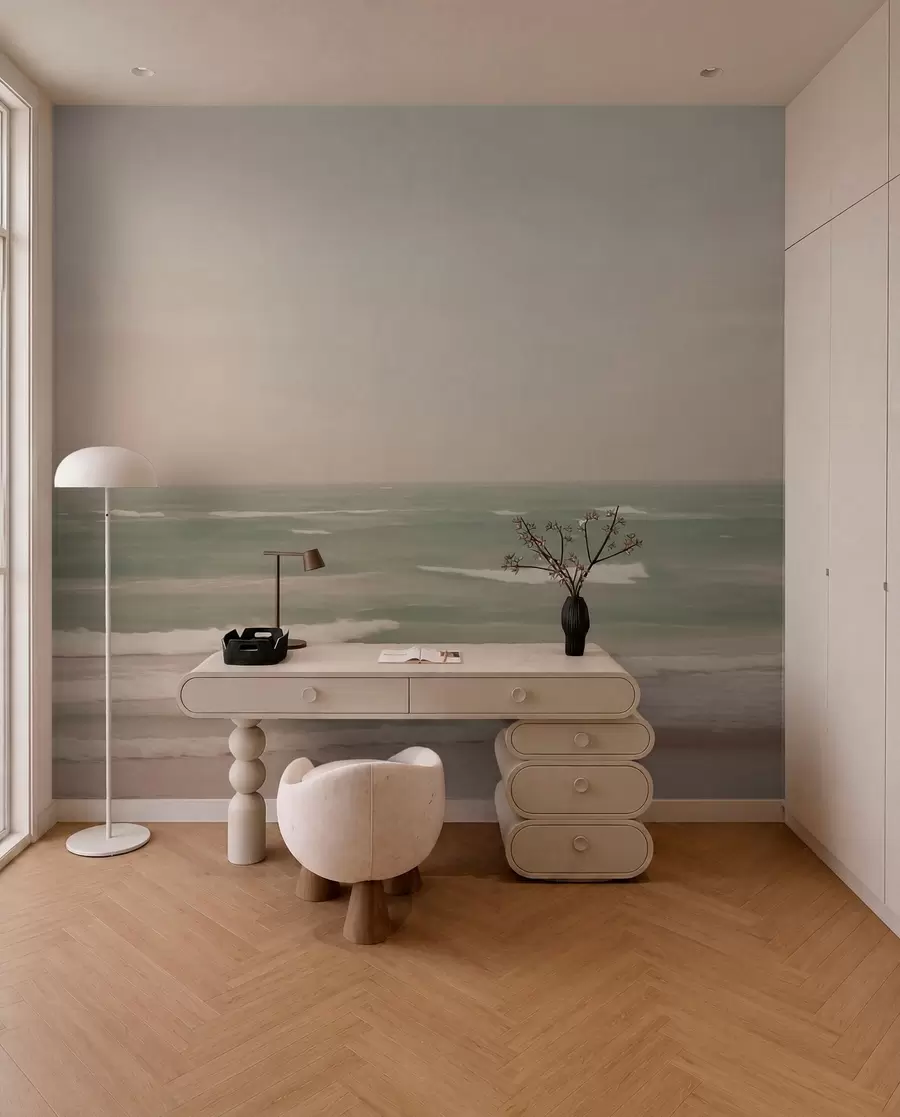 peintures murales Paysage marin rose-vert avec de douces vagues w04348