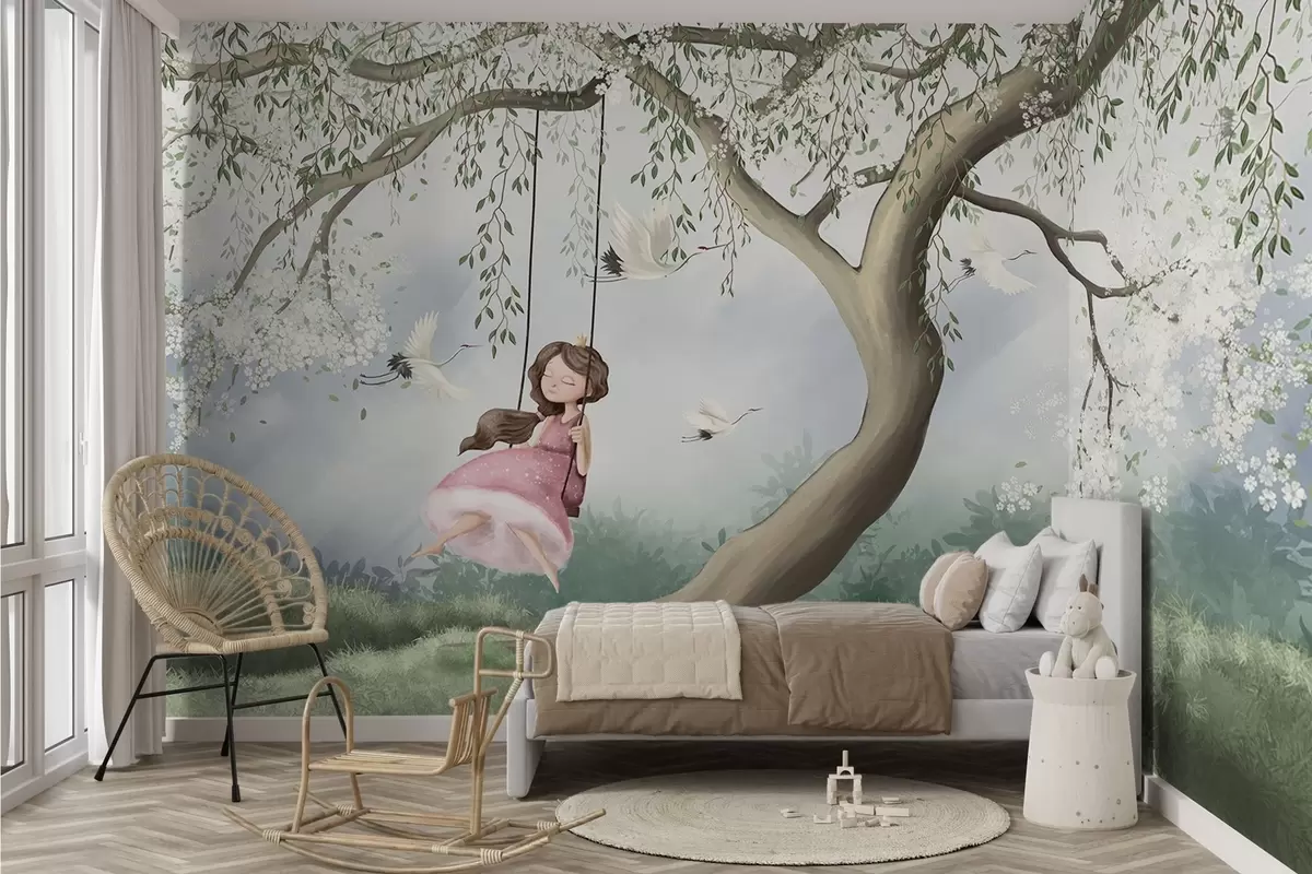 Wall Mural Photo Wallpaper Girl on swing under blooming tree with birds flying around w04370