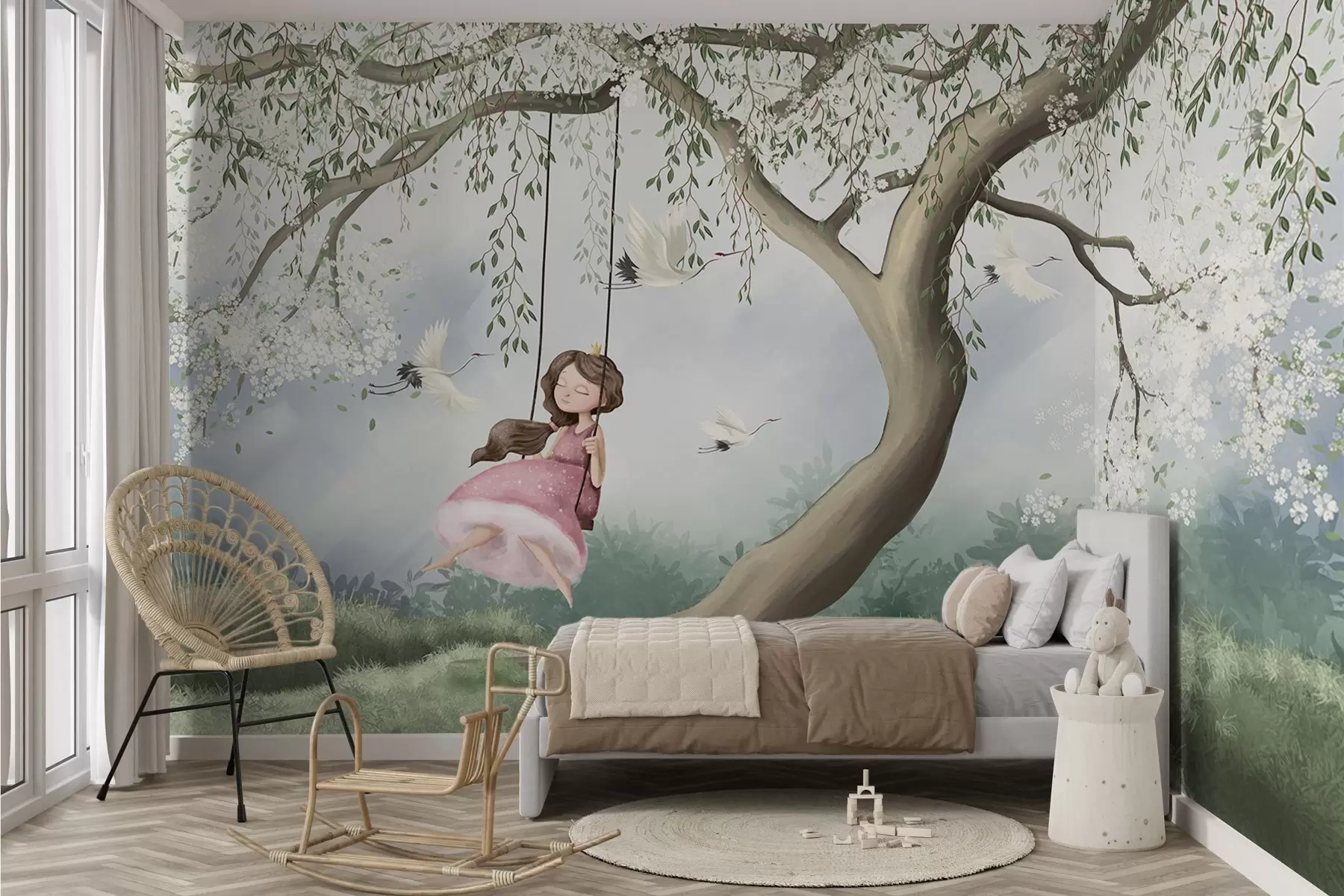 murales Niña en columpio bajo árbol en flor con pájaros volando alrededor w04370