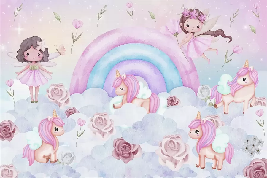 wall murals Fairies and unicorns among clouds and rainbows w04371