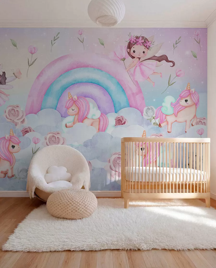 murales Hadas y unicornios entre nubes y arco iris w04371