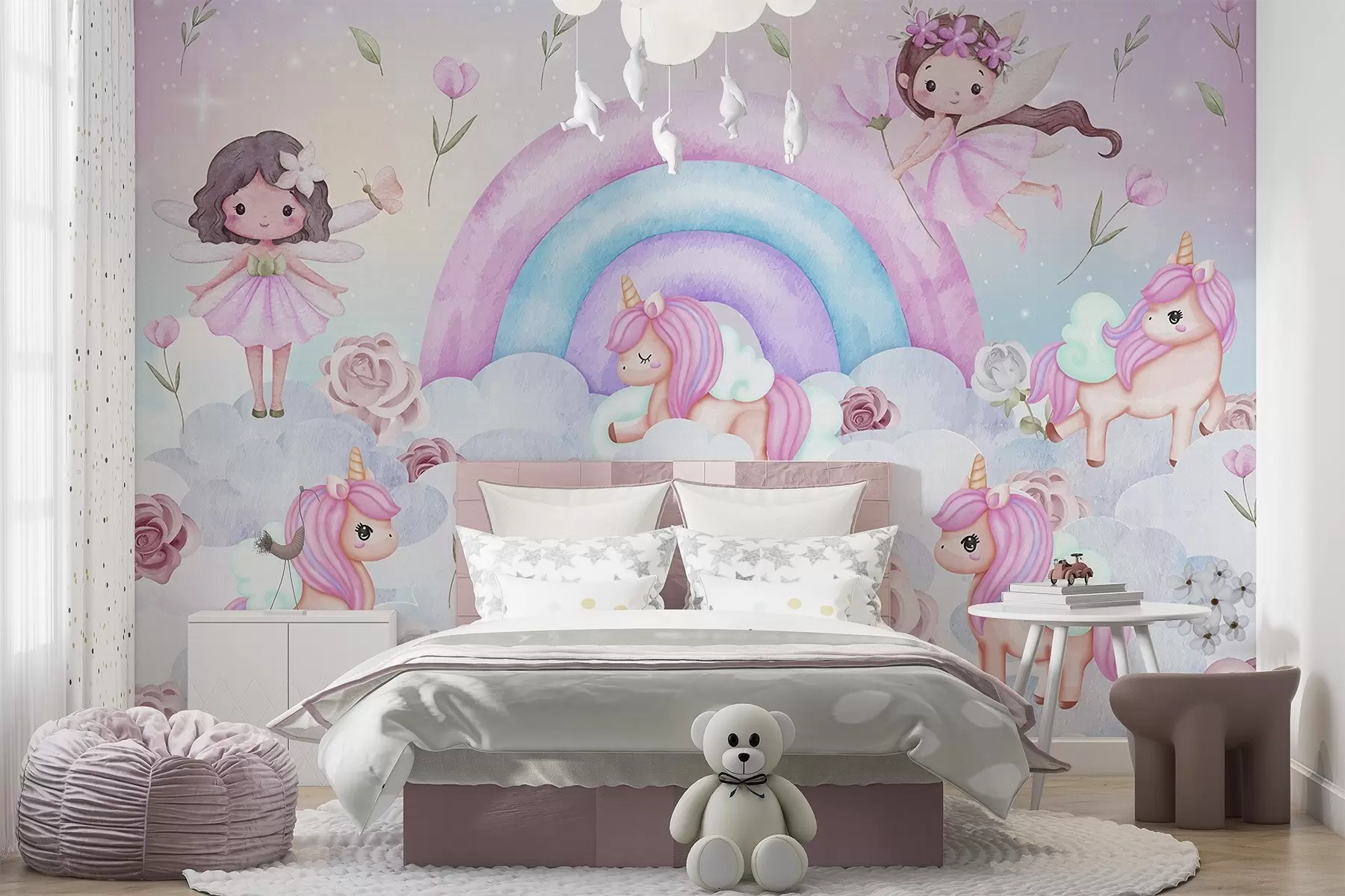 wall murals Fairies and unicorns among clouds and rainbows w04371