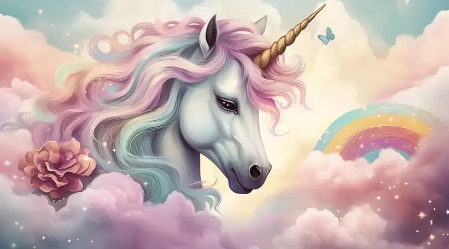wall murals Unicorn in a cloudy sky with a rainbow w04372