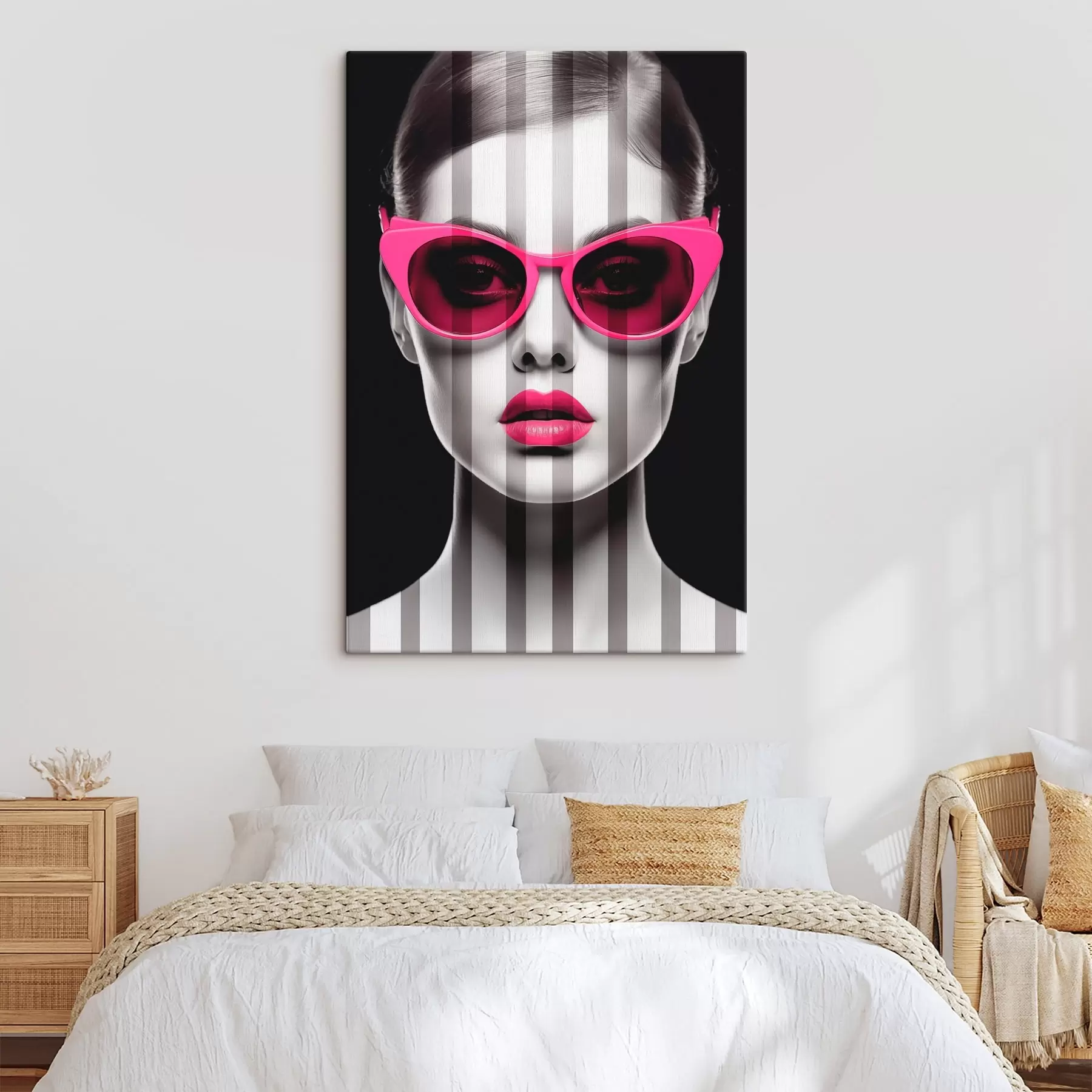 wall murals Woman wearing pink glasses with black and white stripes s45315