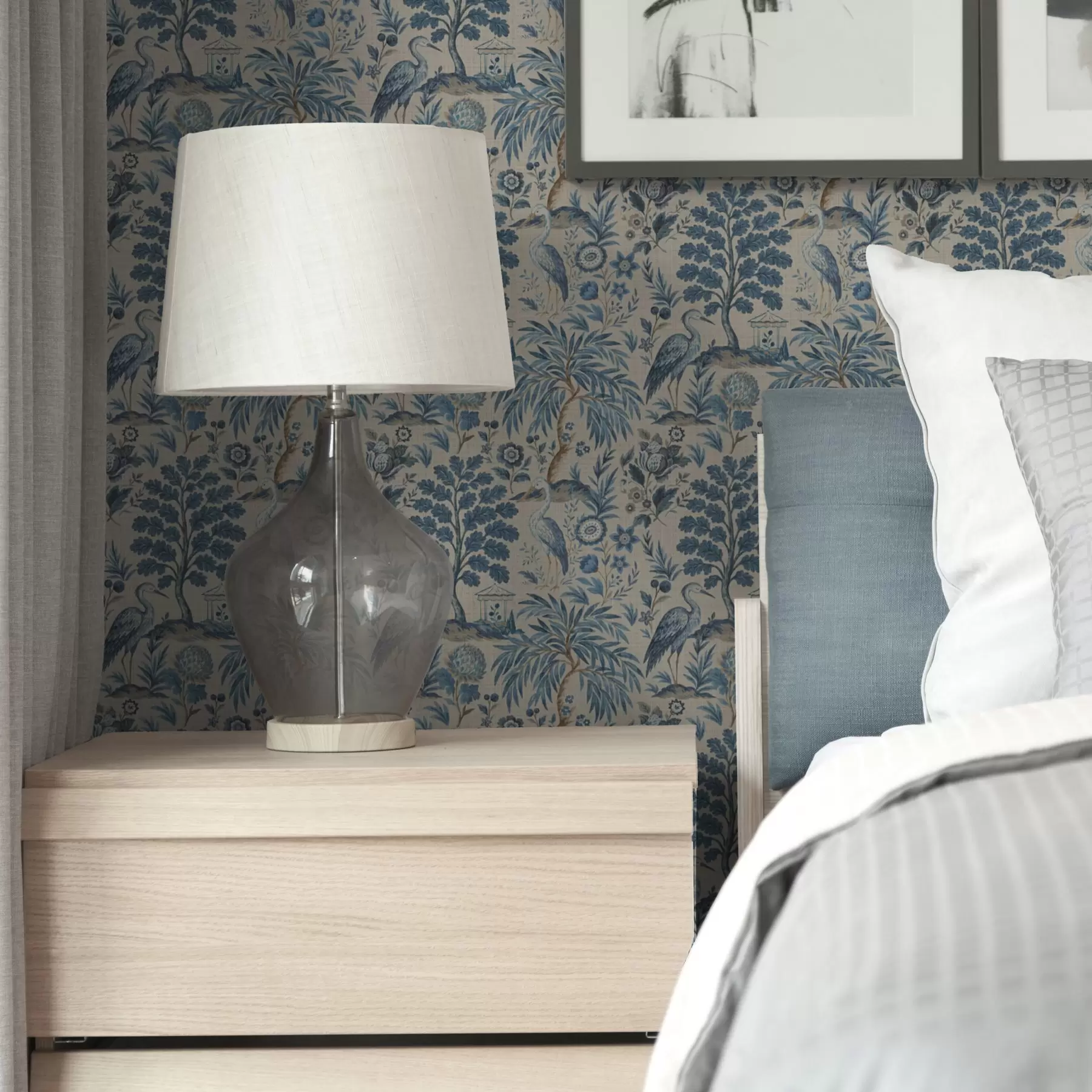 wall murals Toile de Jouy style with blue birds and tropical trees a00382