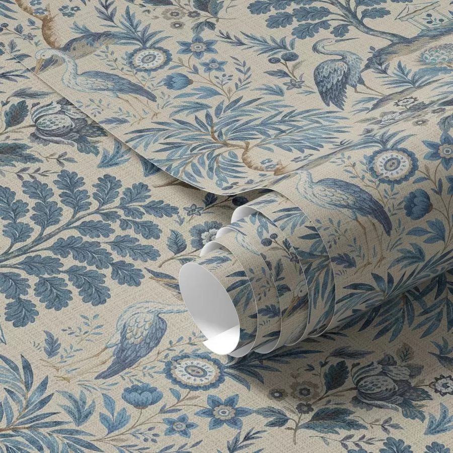 peintures murales Toile de Jouy avec oiseaux bleus et arbres tropicaux a00382