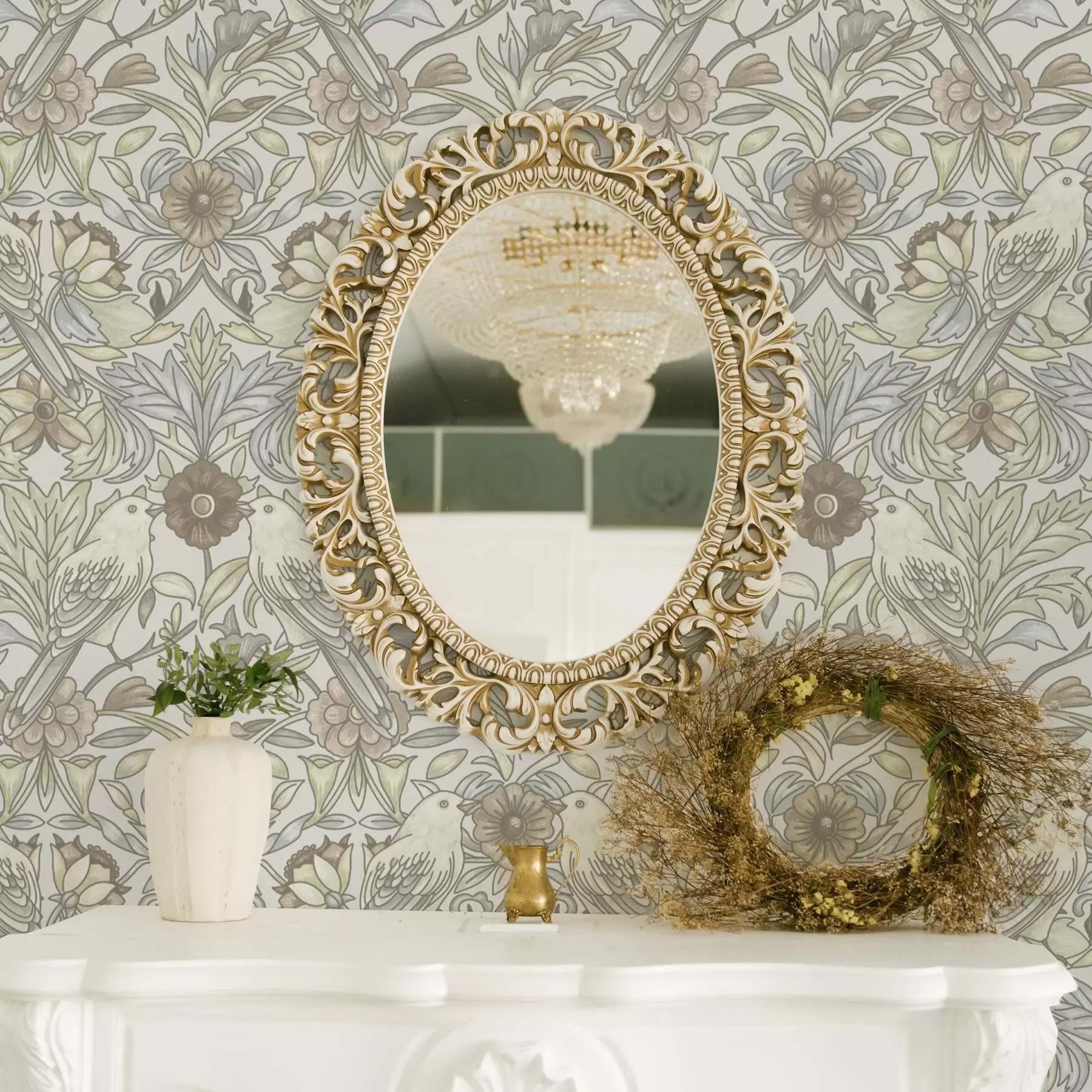 peintures murales Oiseaux Art Nouveau et fleurs stylisées pastel a00385