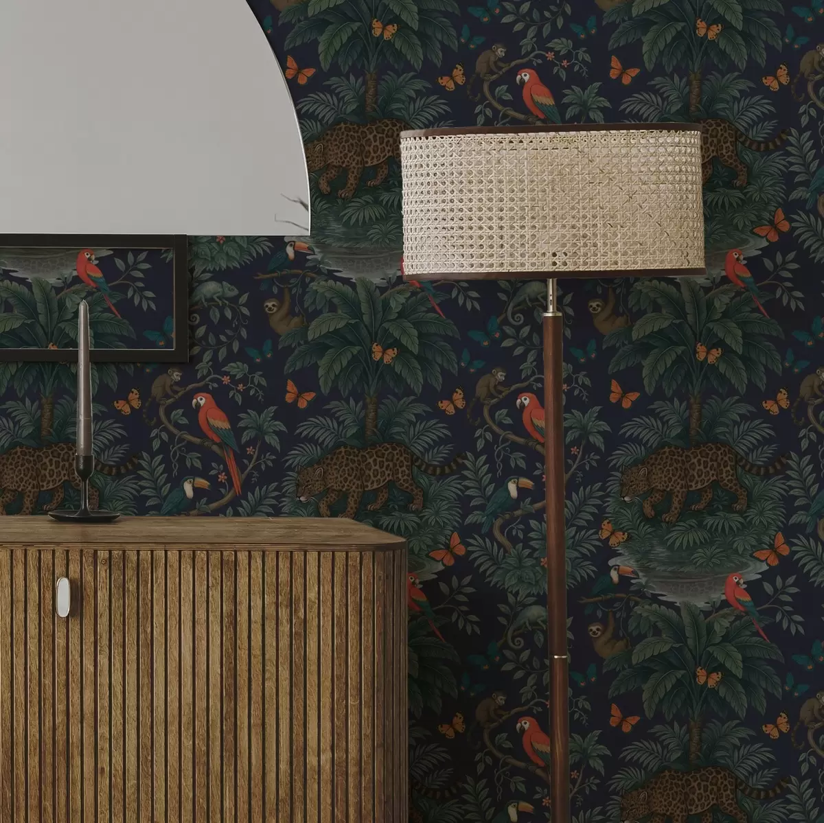 Wallpaper Tropical jungle with leopard, leopard, parrots and butterflies a00388