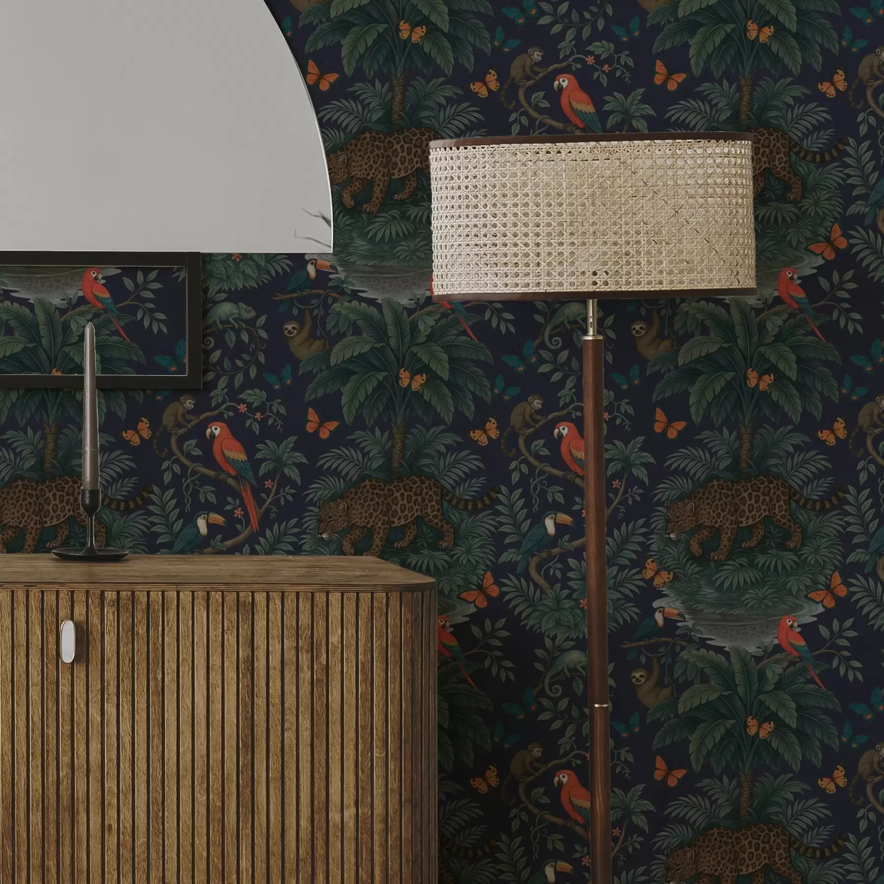 peintures murales Jungle tropicale avec léopard, léopard, perroquets et papillons a00388