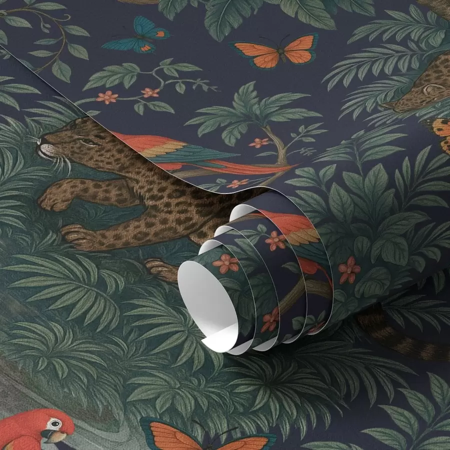 peintures murales Jungle tropicale avec léopard, léopard, perroquets et papillons a00388