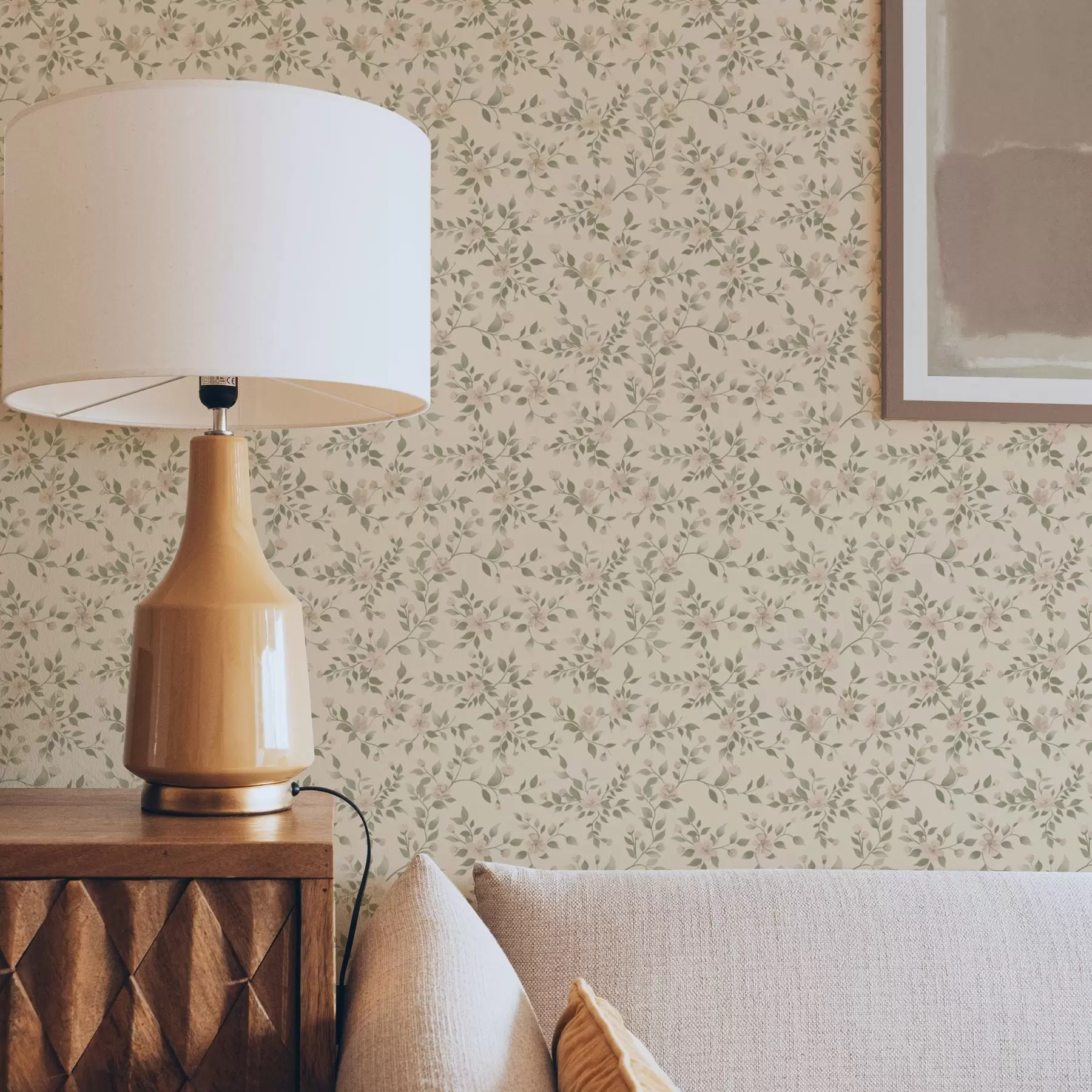 murales Delicadas ramas de flores pastel sobre fondo beige a00390