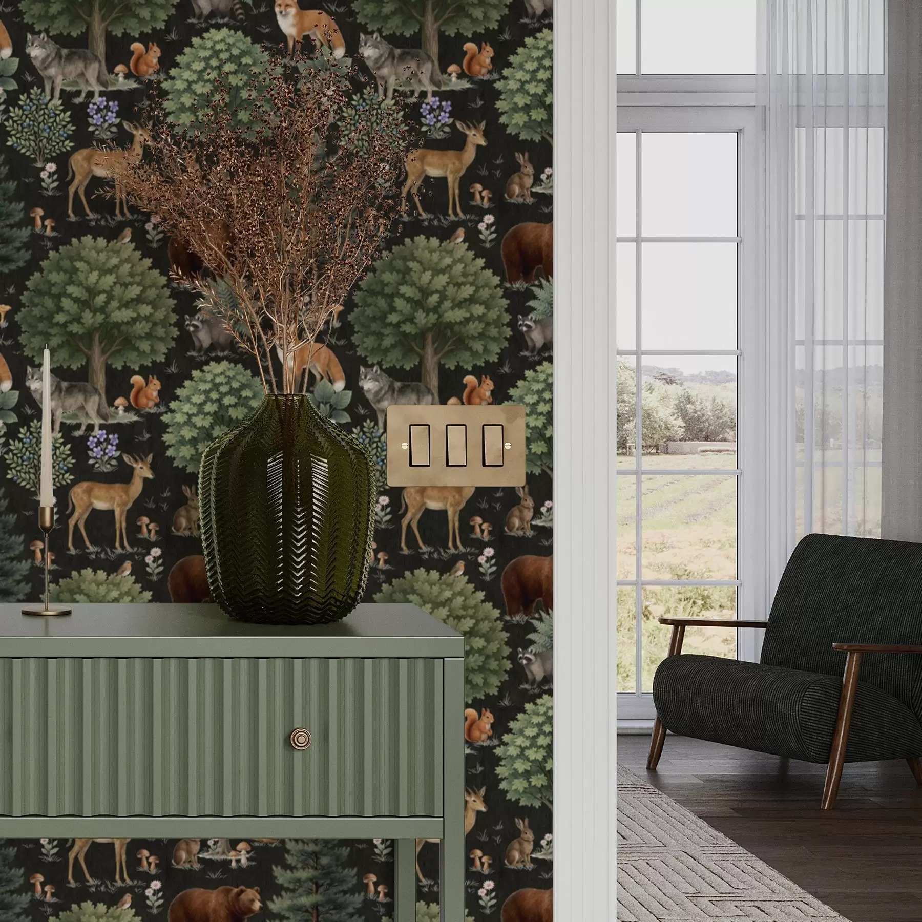 Wall Mural Photo Wallpaper Watercolor forest animals with trees and mushrooms a00391