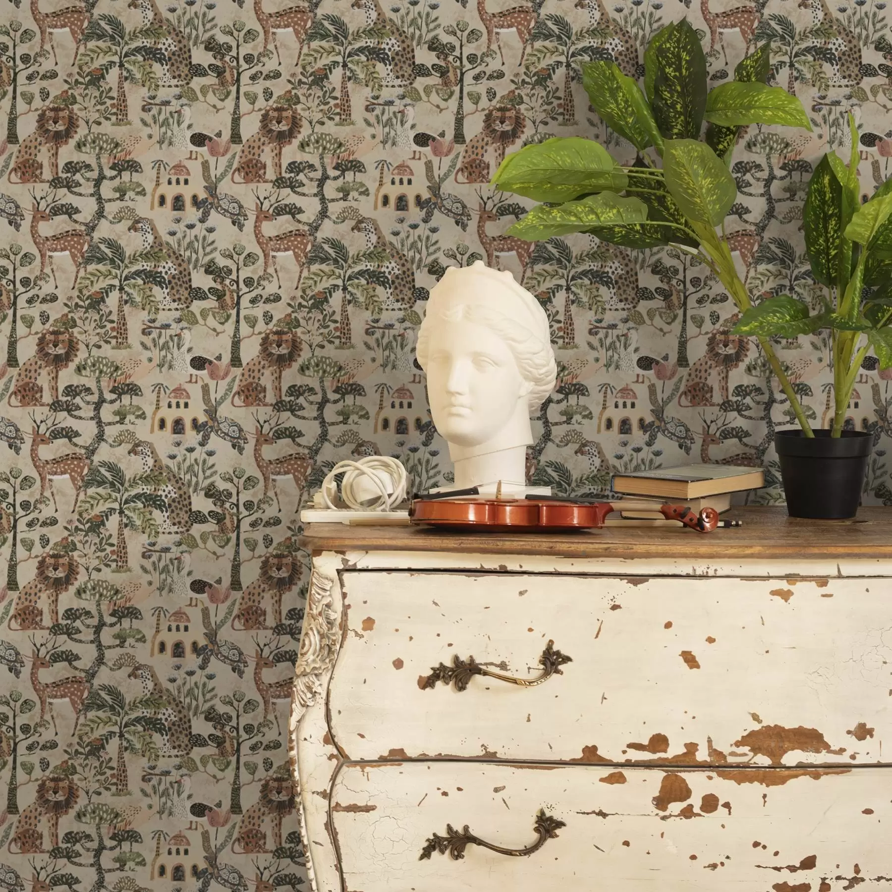 peintures murales Animaux de safari et feuilles de savane dans des tons chauds et terreux a00392