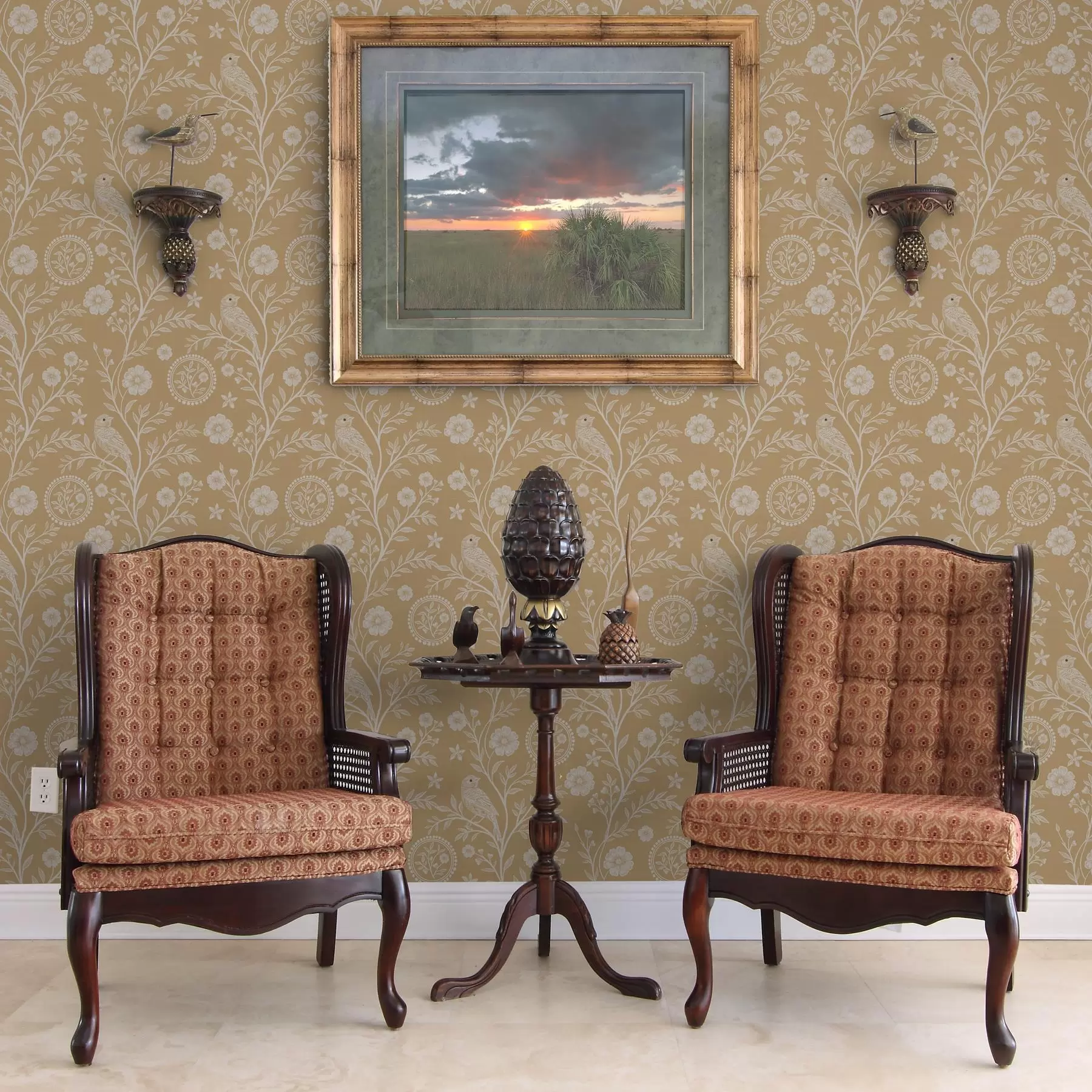 Wall Mural Photo Wallpaper Delicate sketch of a white bird and flower white bird and flower on ocher background a00393