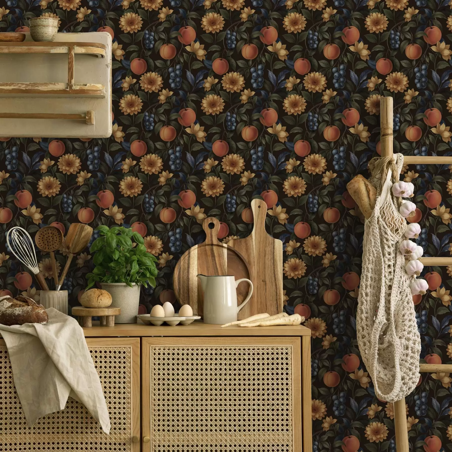 Wall Mural Photo Wallpaper Fruits and yellow flowers on dark botanical background a00395