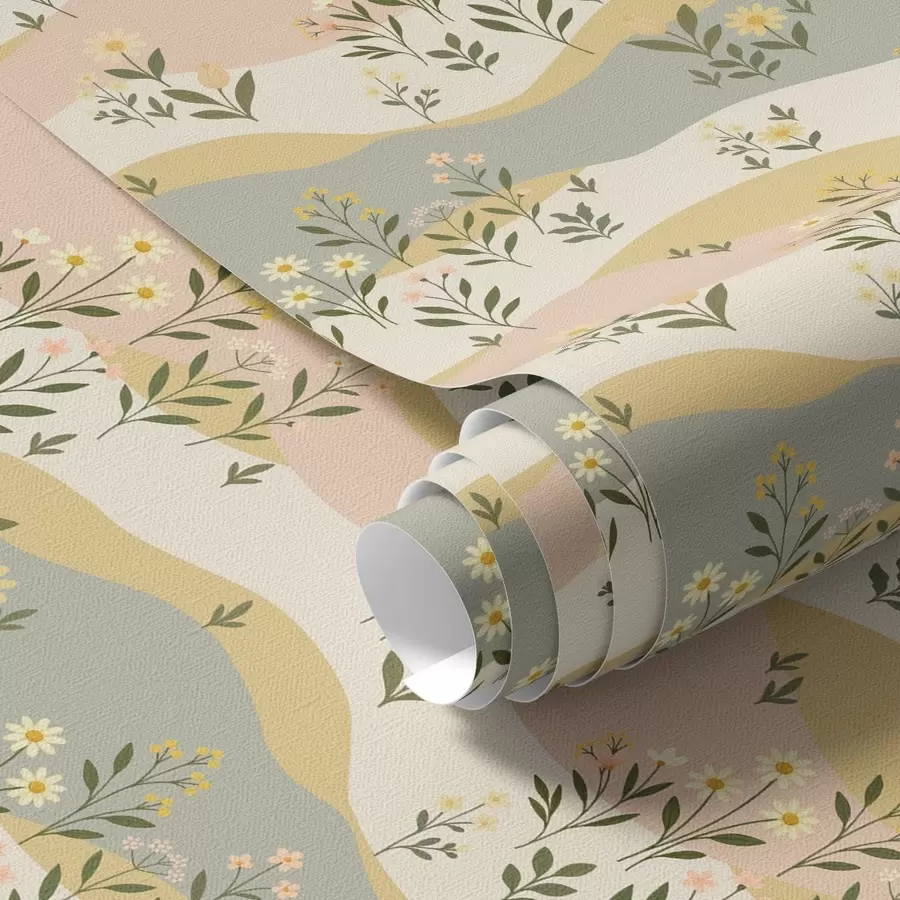 peintures murales Fleurs de prairie ondulées dans un style minimaliste pastel a00396