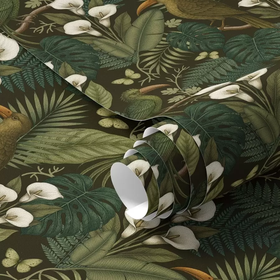 Wall Mural Photo Wallpaper Tropical birds and lush greenery on dark jungle background a00397
