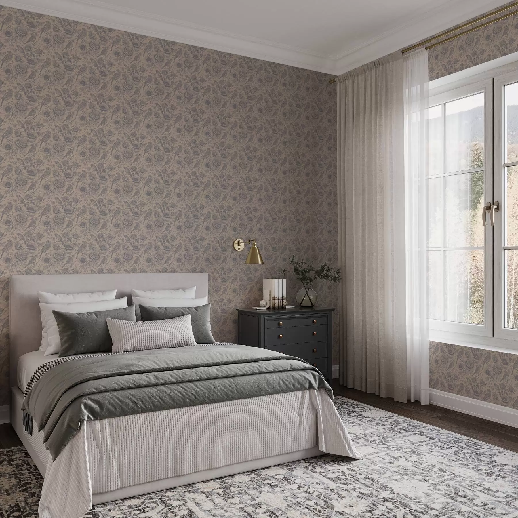 Wall Mural Photo Wallpaper Vintage birds and flowers on a soft beige background a00423