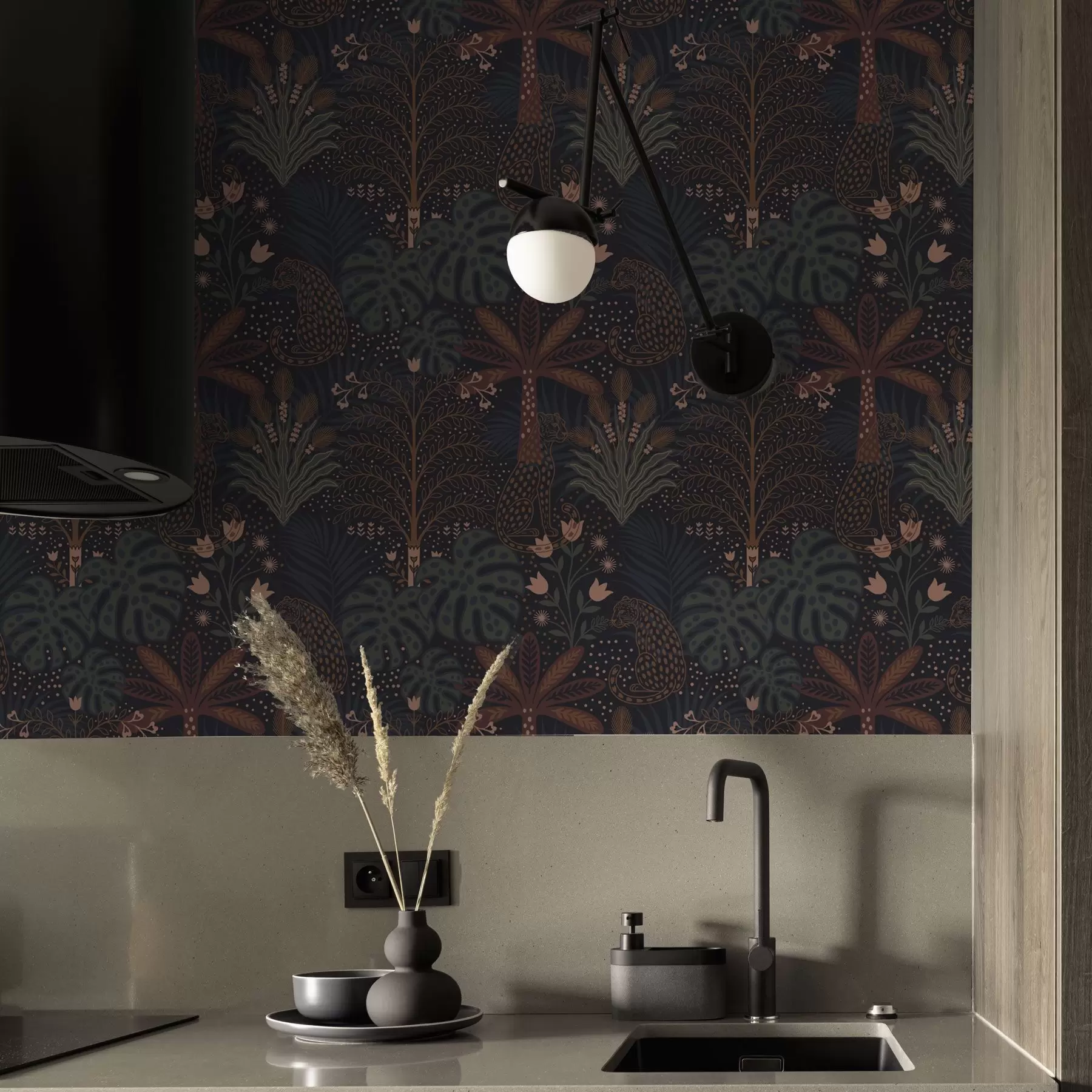 Wall Mural Photo Wallpaper Dark jungle with leopards palm trees and flowers a00424