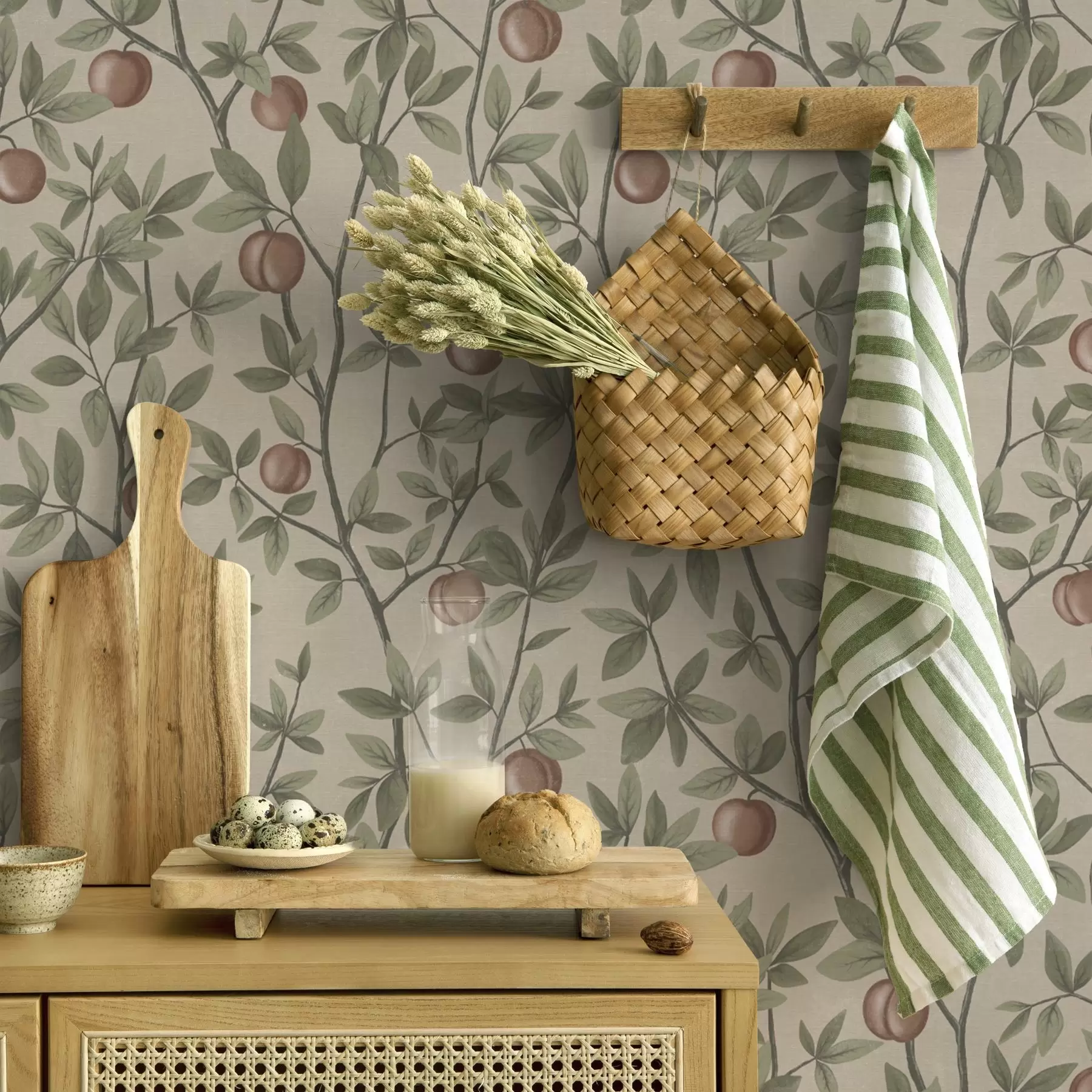 Wall Mural Photo Wallpaper Peaches on branches with green leaves on beige background a00429