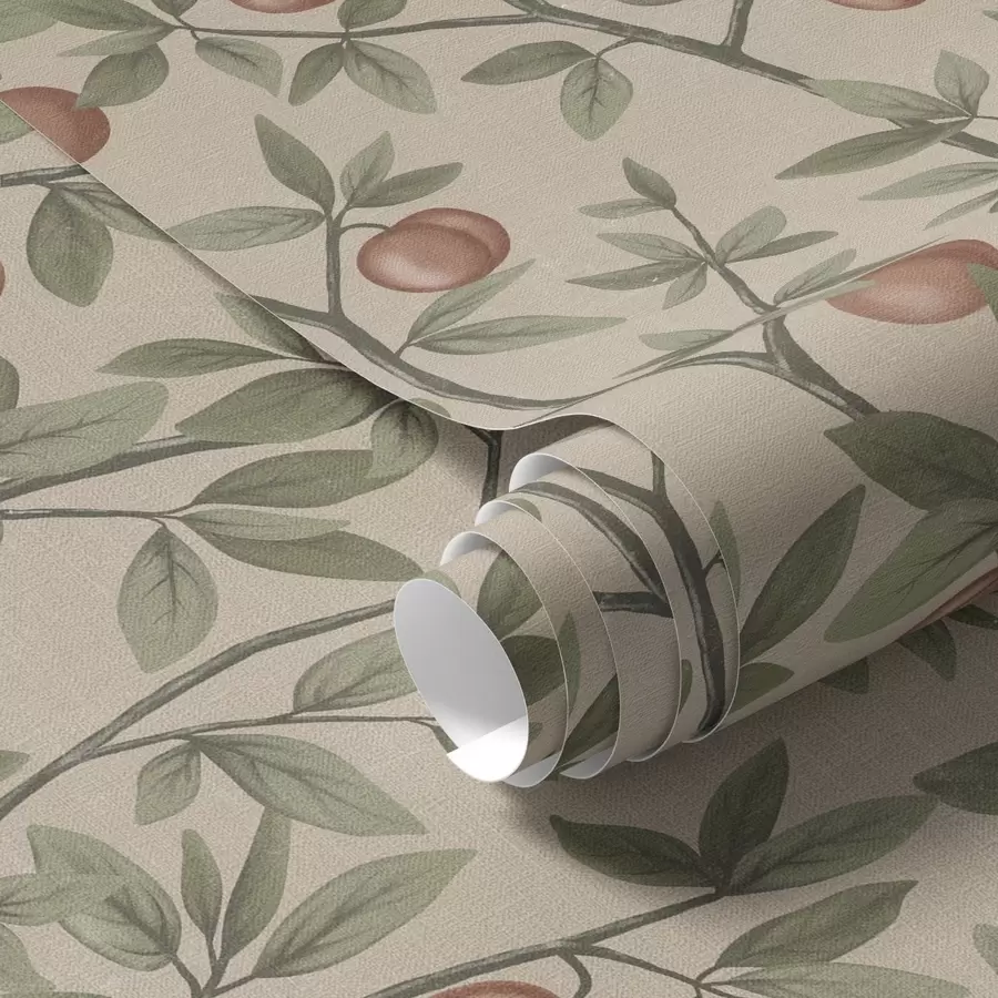 Wall Mural Photo Wallpaper Peaches on branches with green leaves on beige background a00429