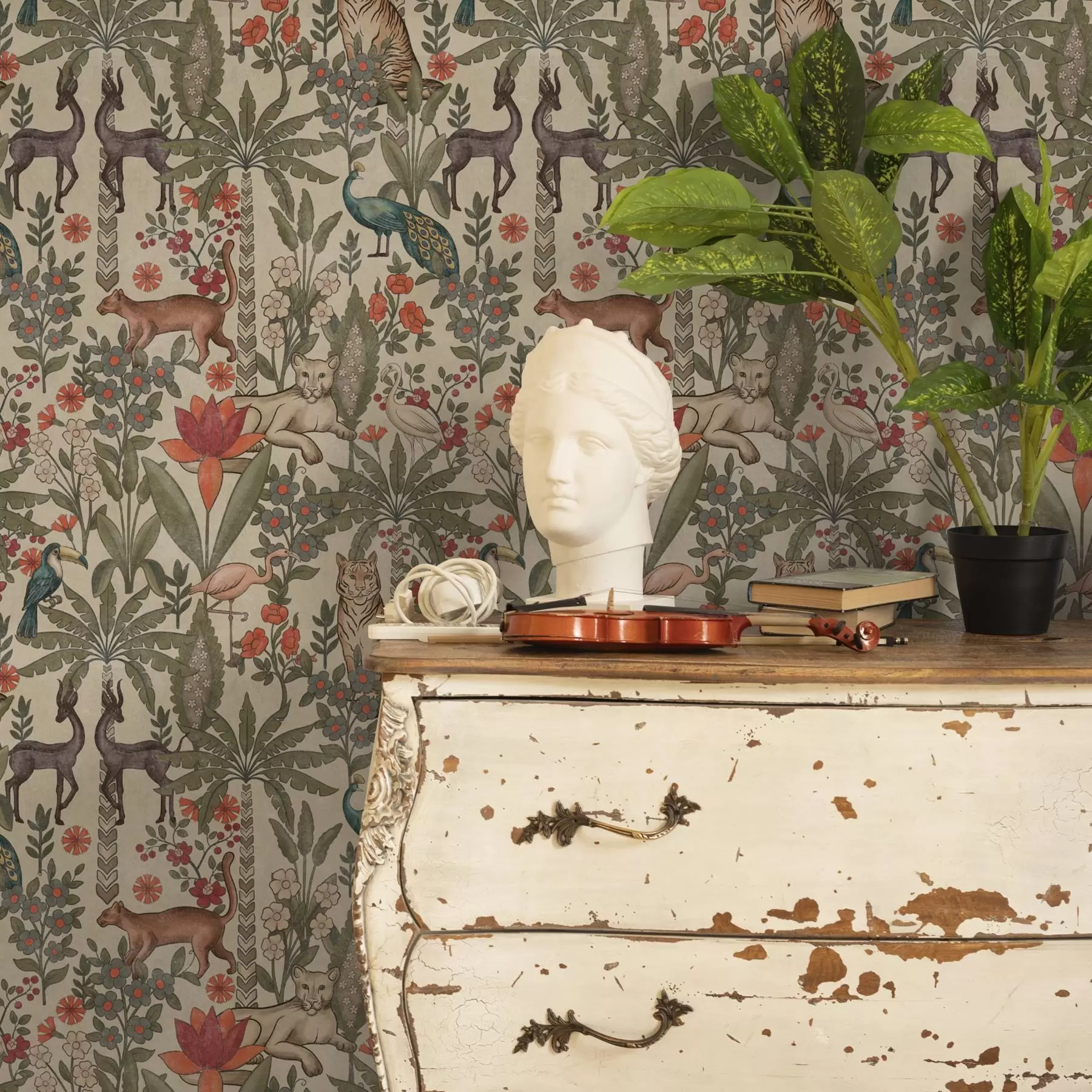 peintures murales Style rétro : Animaux et fleurs sur fond vintage a00431