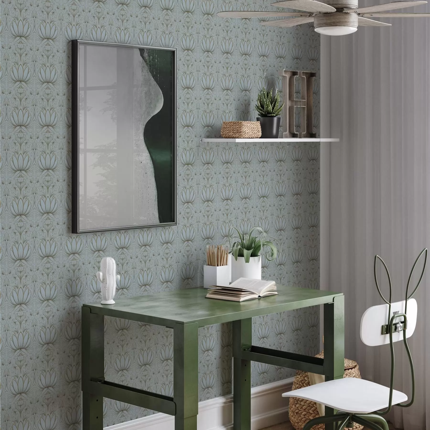 murales Adorno de loto en tonos turquesa y amarillo a00439