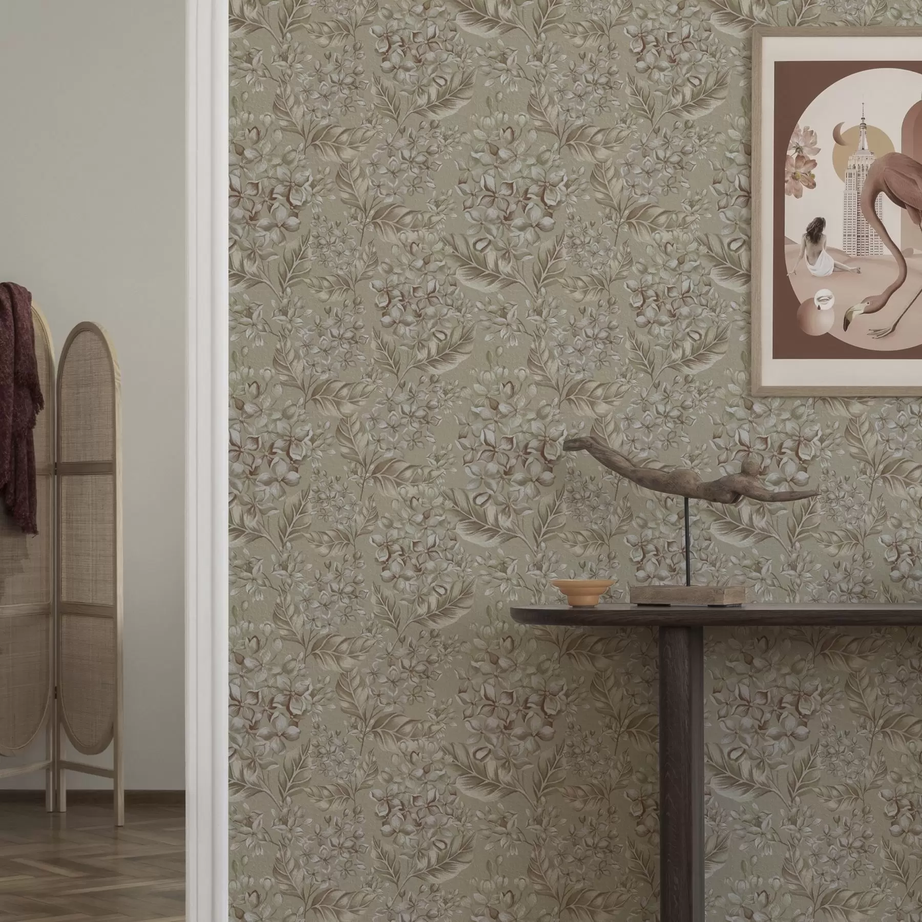 wall murals Beige branches with white flowers in warm shades a00441