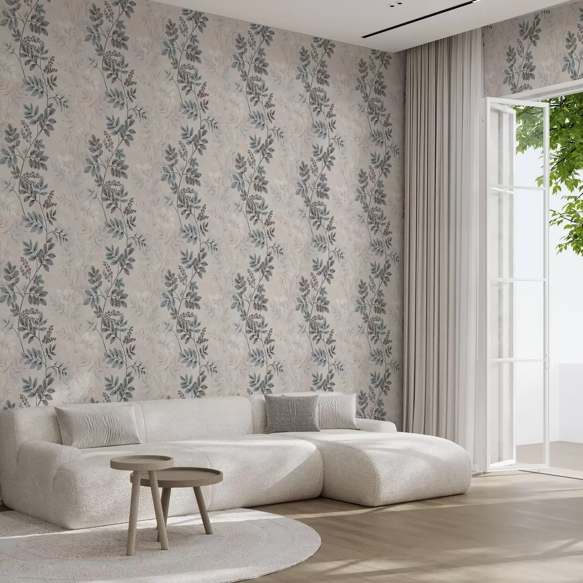 Wallpaper Berry branches in pastel shades with gray-blue leaves a00443