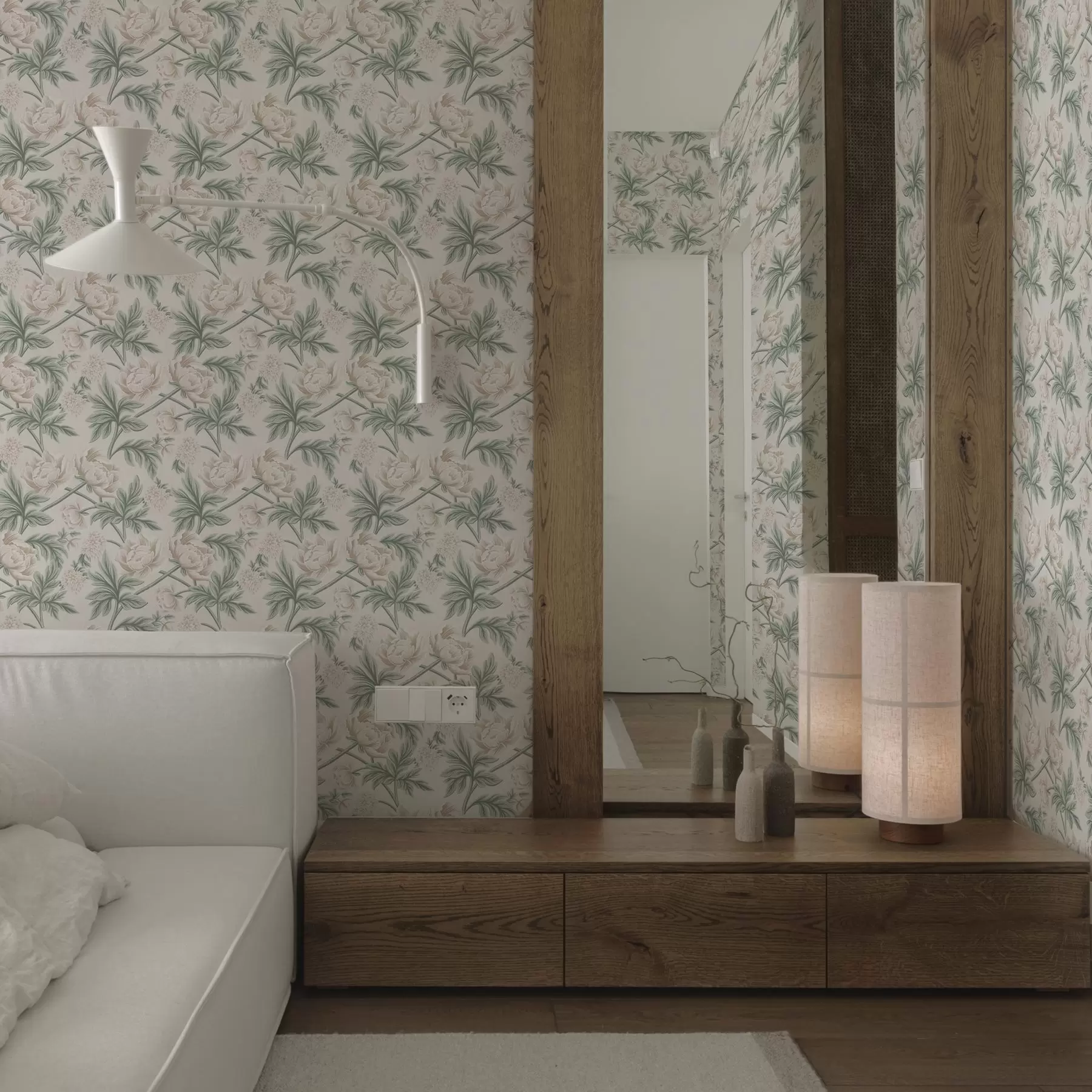 murales Exuberantes peonías en beige claro y verde beige y verde a00445