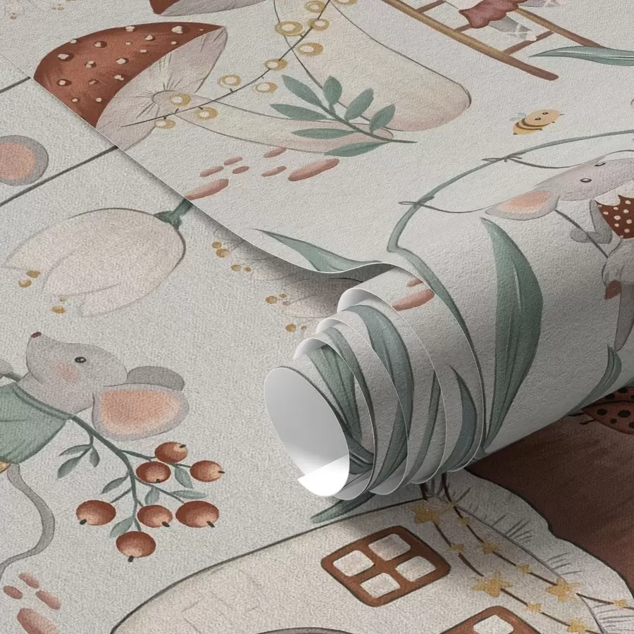 murales Simpáticos ratones y setas sobre el fondo de un elegante paisaje forestal a00450