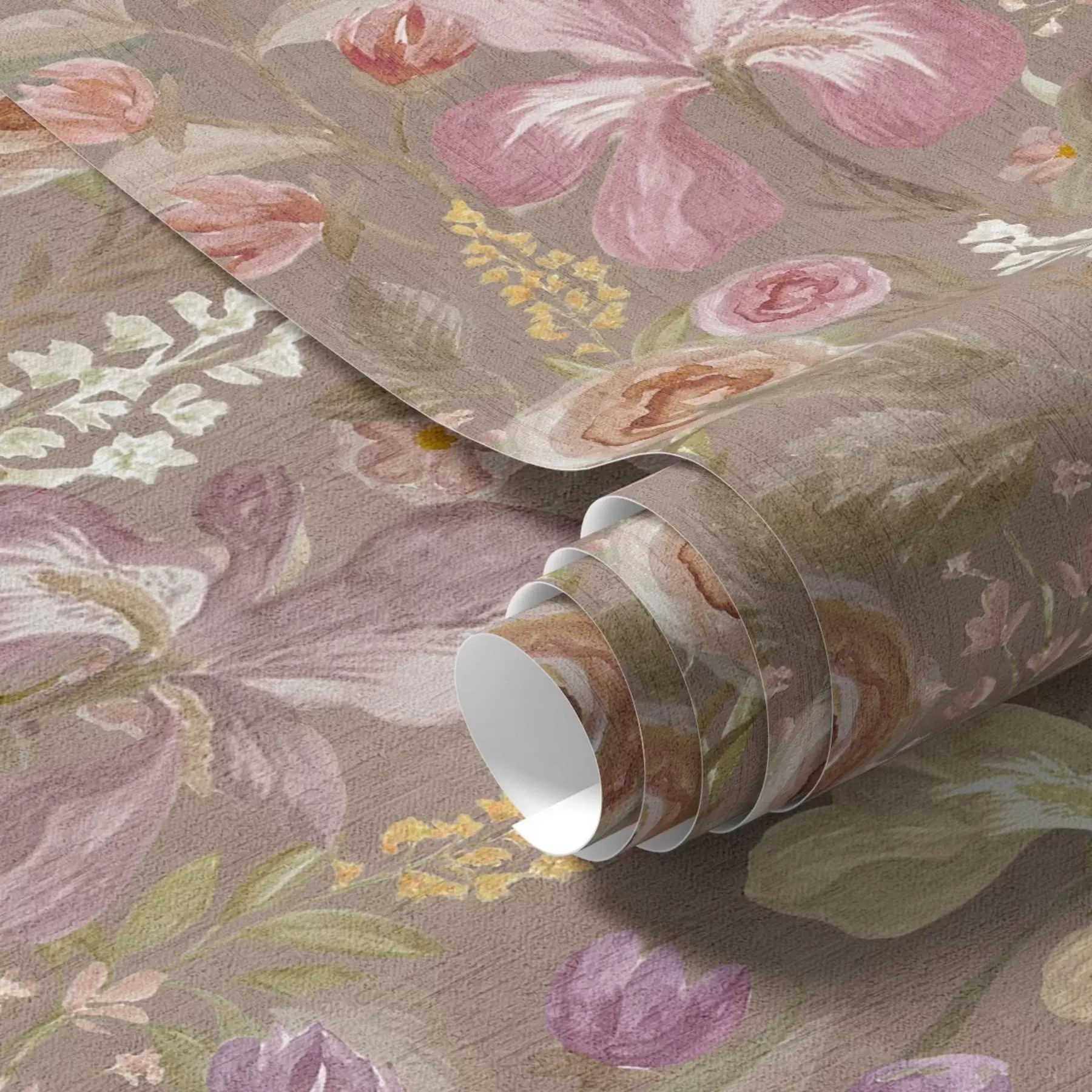 murales Vintage rosa iris patrón de flores sobre fondo beige con textura a00457