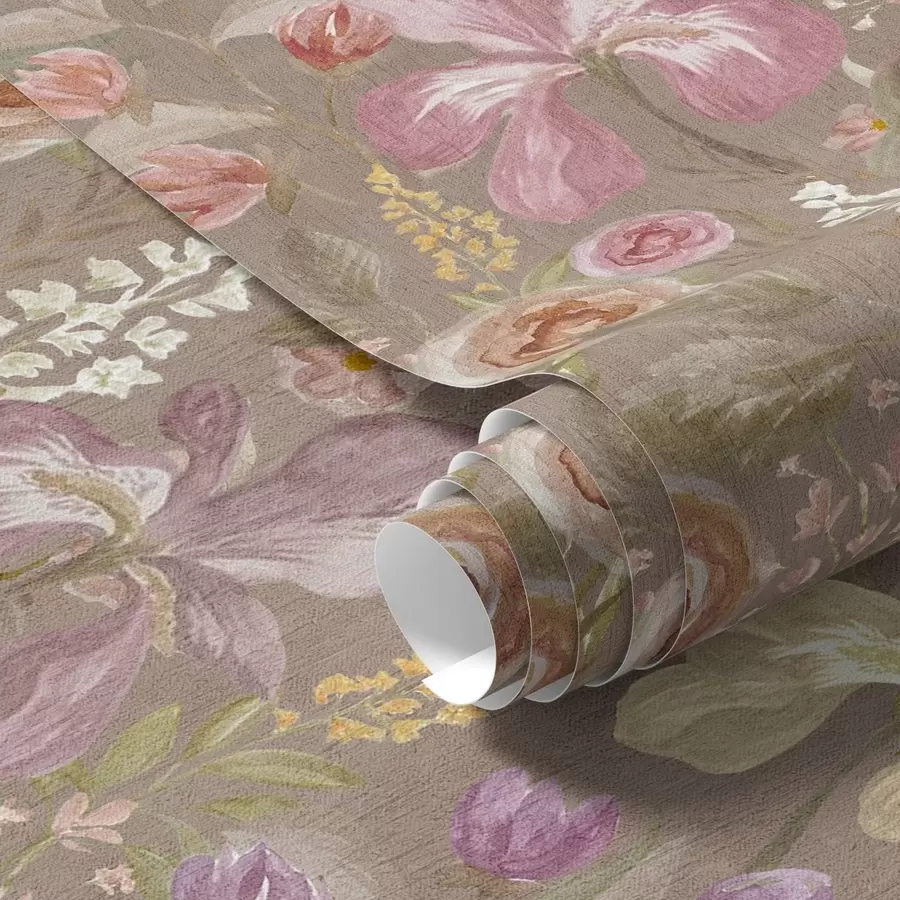 wall murals Vintage pink iris flower pattern on beige textured background a00457