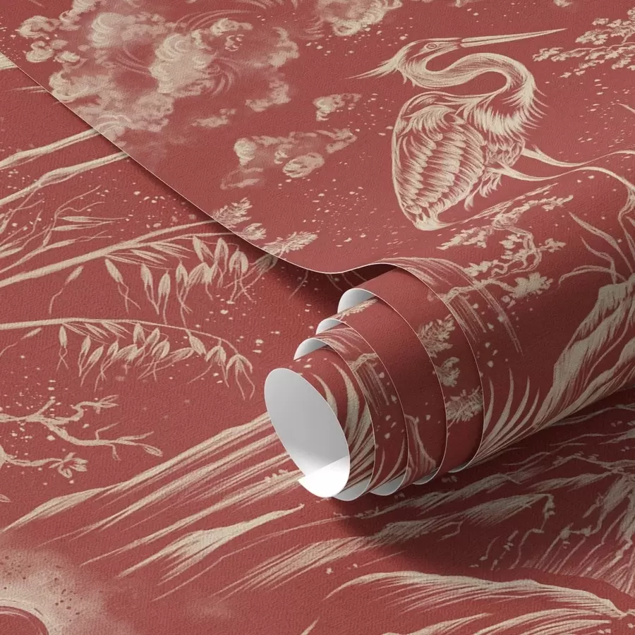 Wall Mural Photo Wallpaper Herons, mountains, and clouds in the style of Japanese engraving a00458