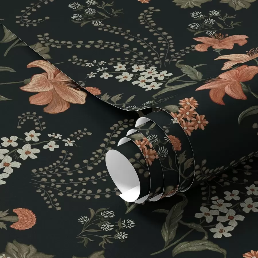 wall murals Orange lilies and small flowers on a black background a00463