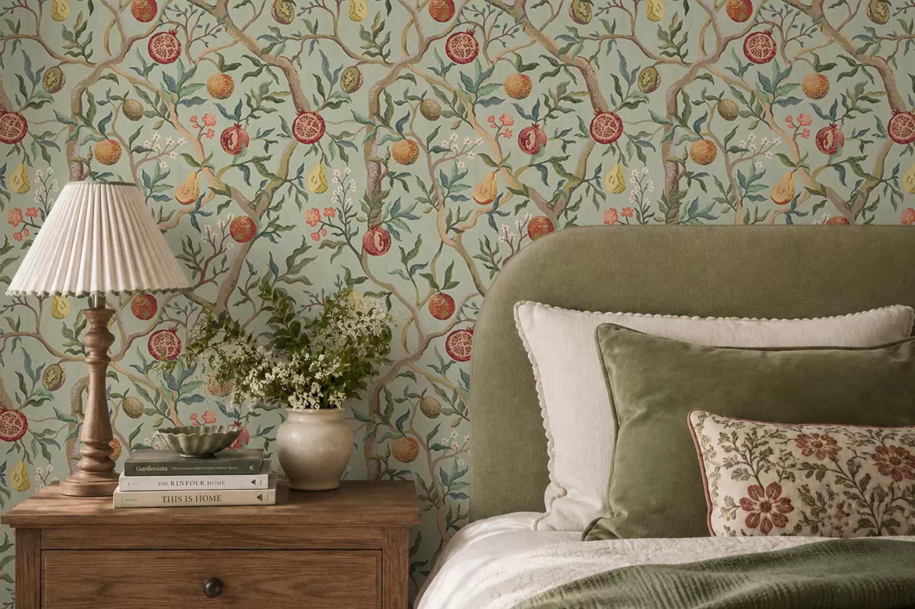 Wall Mural Photo Wallpaper Pomegranate fruits, pears and flowers on a pale green background a00465