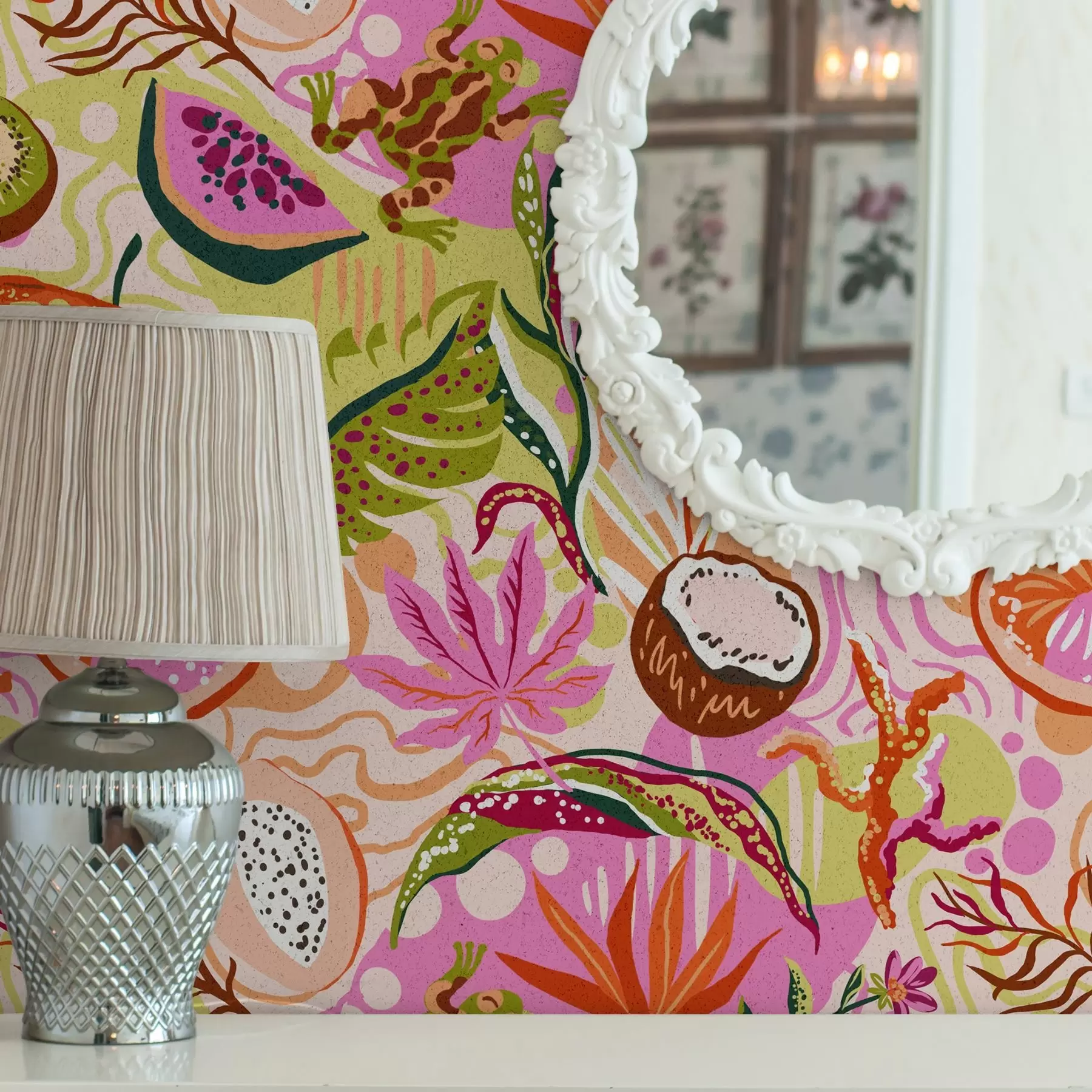 peintures murales Fruits exotiques, feuilles et caméléons dans un style tropical a00469