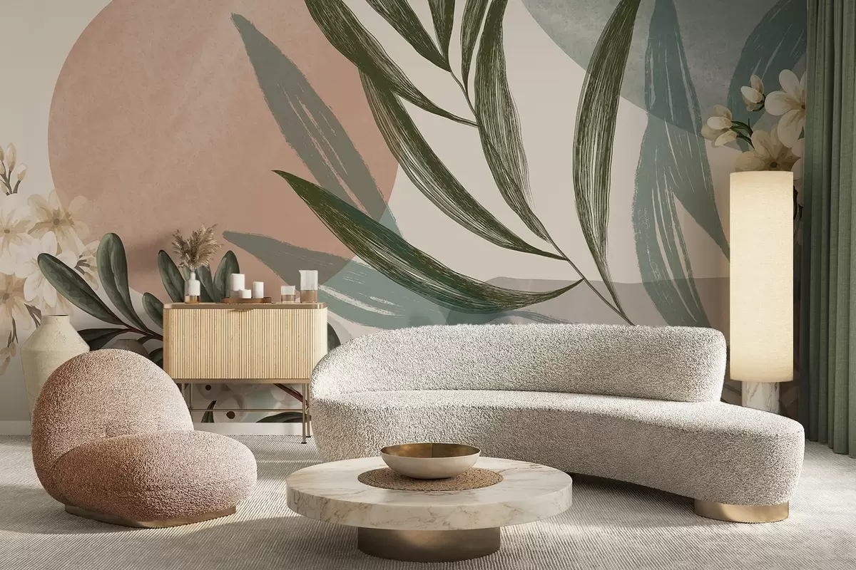 peintures murales Art botanique abstrait avec des feuilles de palmier vertes et des baies blanches, sur un fond de formes dans des tons de terre sourds w09312