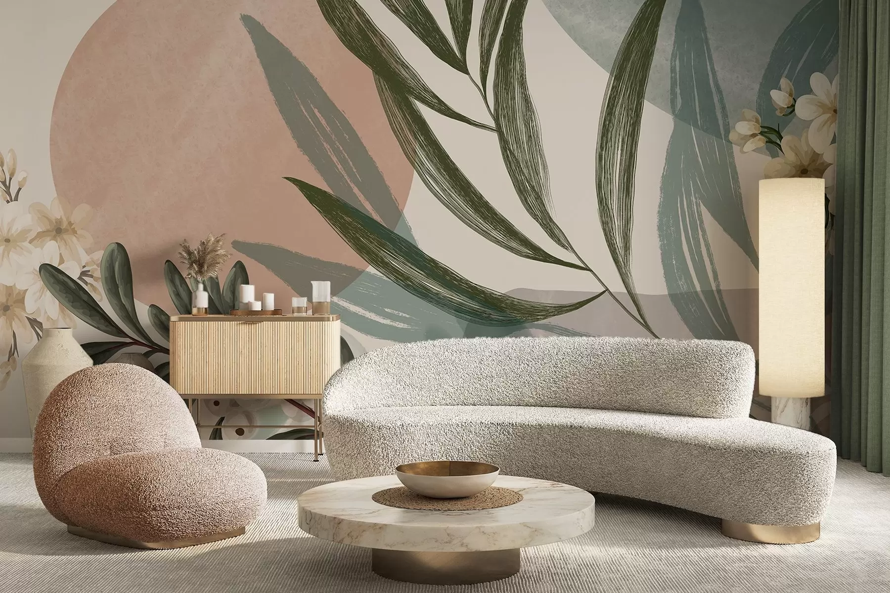 Wall Mural Photo Wallpaper Abstract botanical art with green palm leaves and white berries, against a background of shapes in muted earth tones w09312