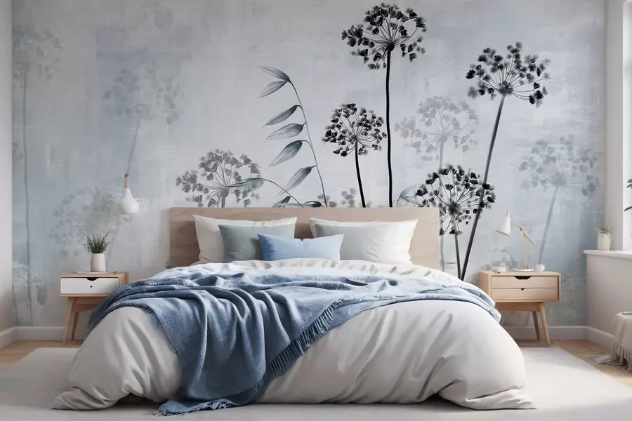 wall murals Dried flowers drawing with long stems, monochrome palette, against a textured, light gray background, botanical illustration w09314
