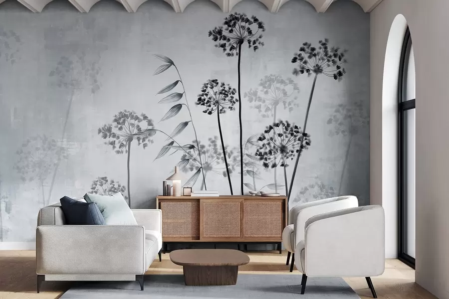 wall murals Dried flowers drawing with long stems, monochrome palette, against a textured, light gray background, botanical illustration w09314